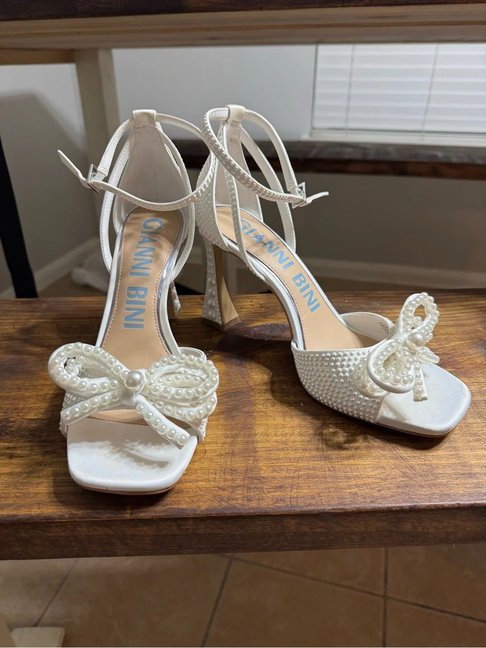 Gianni Bini Ivory Pearl Bow Ankle-Strap Heels